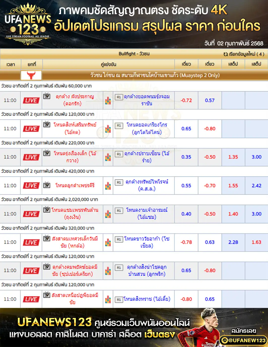 ราคาวัวชน สนามกีฬาชนโคบ้านหยีใน เริ่มเวลา 10:30 น. 02 กุมภาพันธ์ 2568