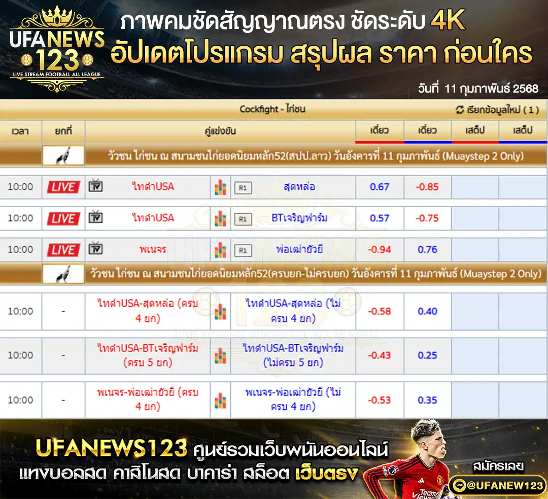 ราคาไก่ชน สนามชนไก่ยอดนิยมหลัก52 เริ่มเวลา 10:00 น. 11 กุมภาพันธ์ 2568