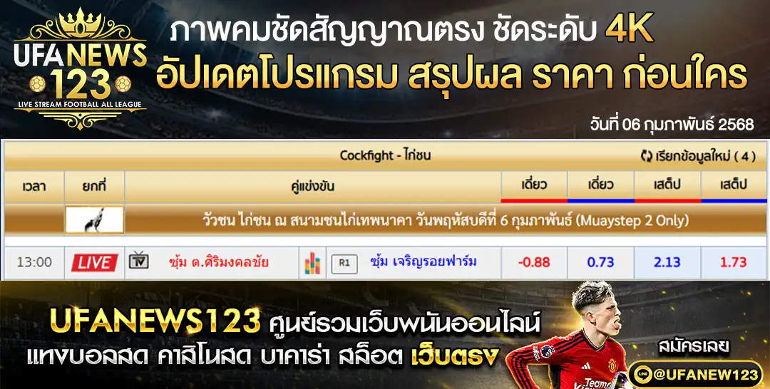 ราคาไก่ชน สนามชนไก่เทพนาคา เริ่มเวลา 10.00 น. 06 กุมภาพันธ์ 2568