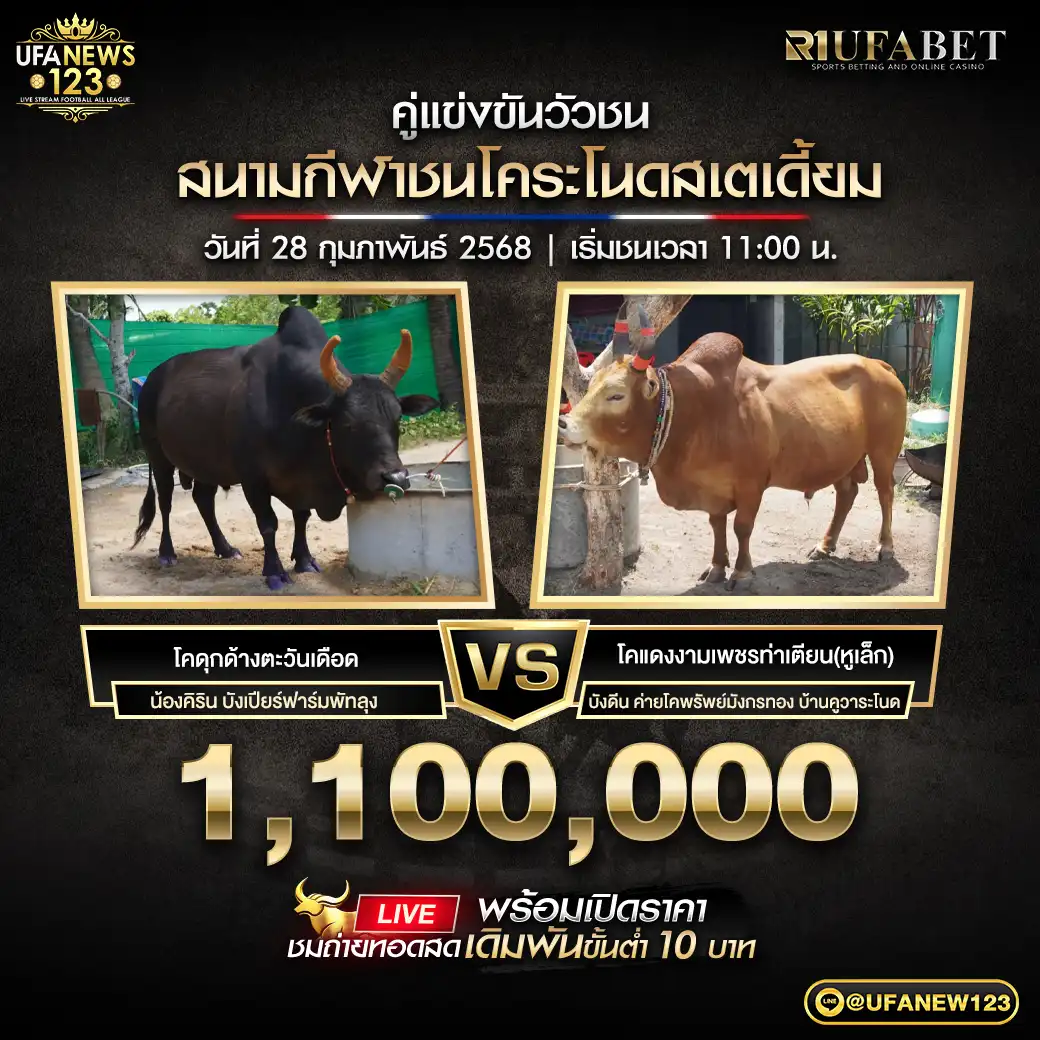 โคดุกด้างตะวันเดือด VS โคแดงงามเพชรท่าเตียน (หูเล็ก) ชิงรางวัล 1,100,000 บาท 28 กุมภาพันธ์ 2568