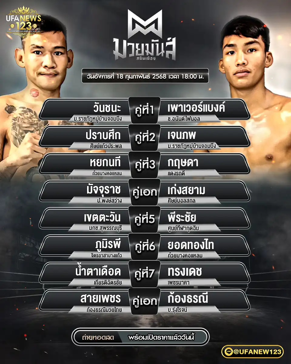 โปรแกรมมวย ศึกมวยมันส์สนั่นเมือง เริ่มเวลา 18:00 น. 18 กุมภาพันธ์ 2568