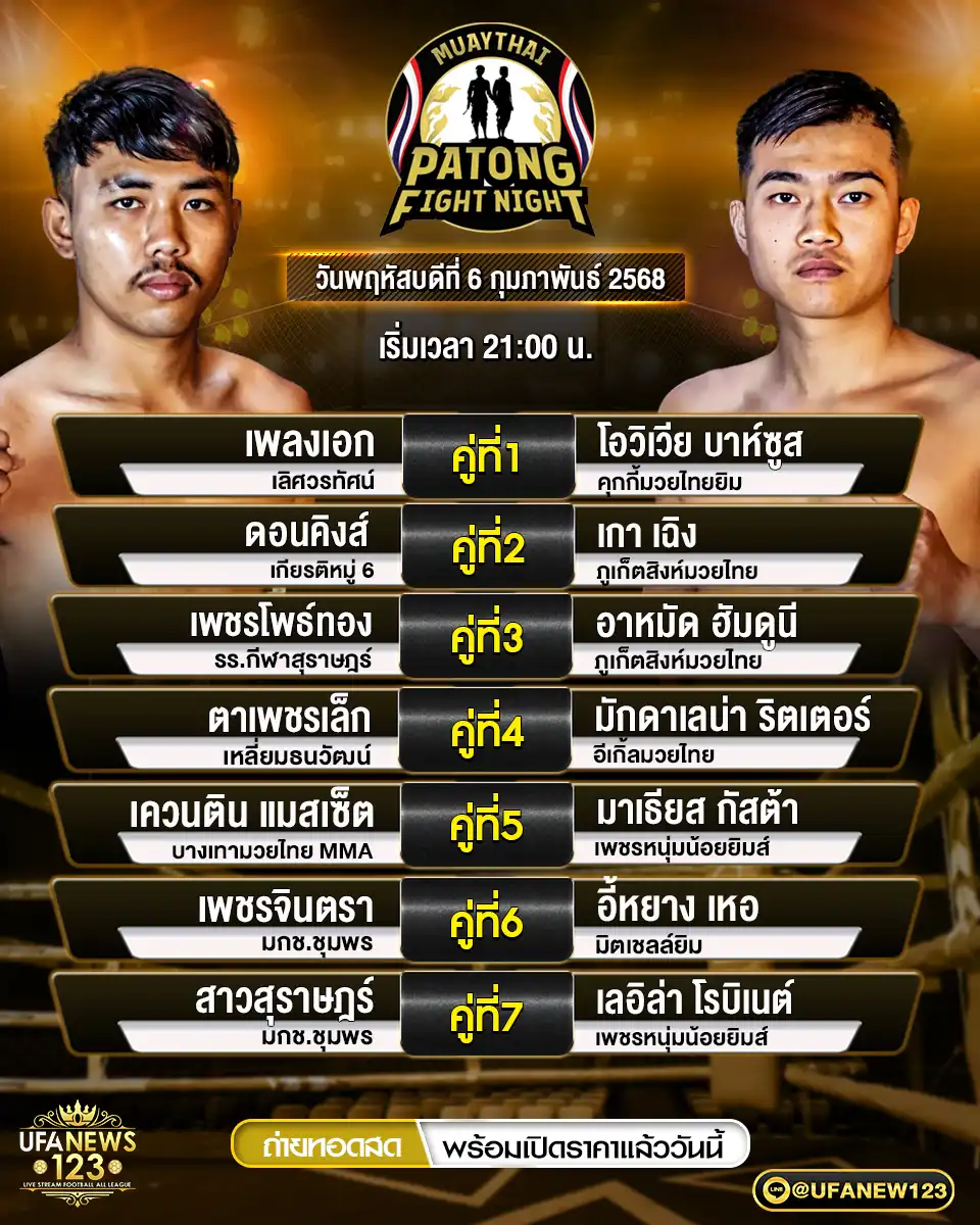 โปรแกรมมวย ศึกป่าตองไฟท์ไนท์ เริ่มเวลา 21.00 น. 06 กุมภาพันธ์ 2568