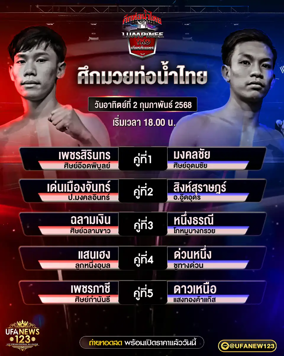 โปรแกรมมวย ศึกมวยท่อน้ำไทย เริ่มเวลา 18.00 น. 02 กุมภาพันธ์ 2568