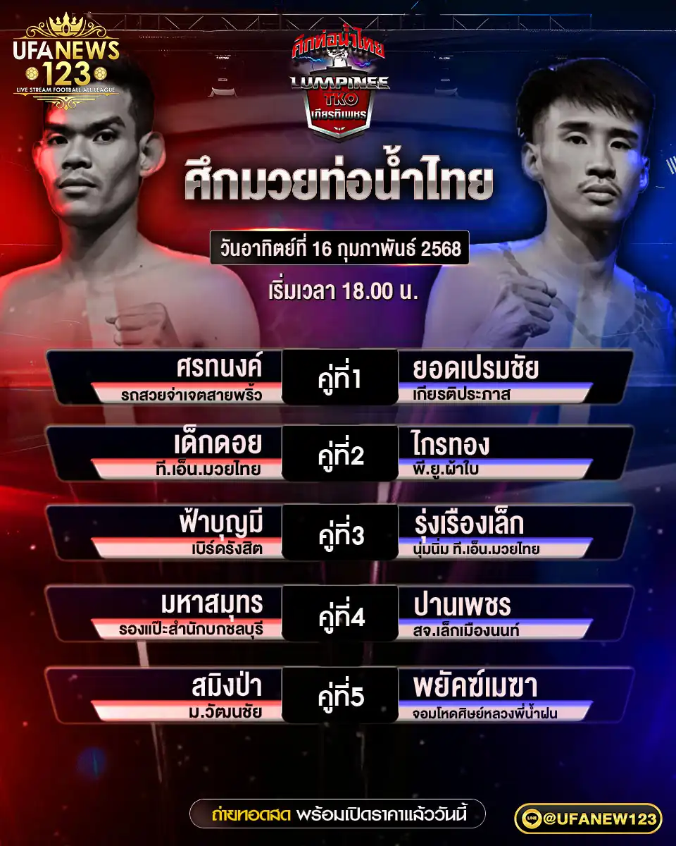 โปรแกรมมวย ศึกมวยท่อน้ำไทย เริ่มเวลา 18:00 น. 16 กุมภาพันธ์ 2568