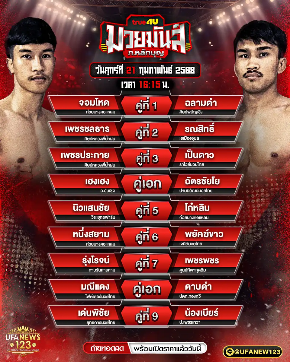 โปรแกรมมวย ศึกมวยมันส์ ภ.หลักบุญ เริ่มเวลา 16.15 น. 21 กุมภาพันธ์ 2568