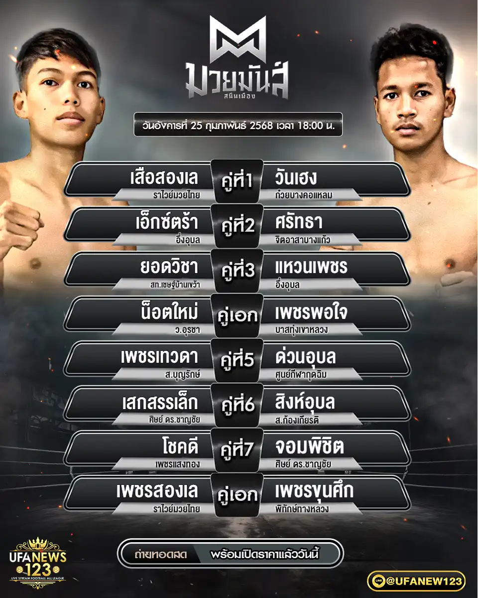 โปรแกรมมวย ศึกมวยมันส์สนั่นเมือง เริ่มเวลา 18.00 น. 25 กุมภาพันธ์ 2568