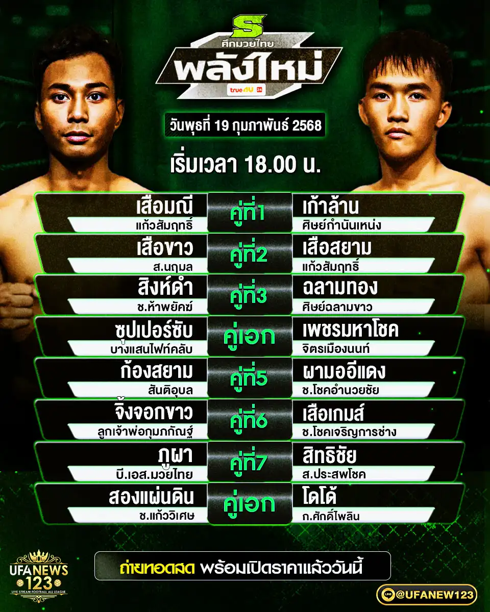 โปรแกรมมวย ศึกมวยไทยพลังใหม่ เริ่มเวลา 18.00 น. 19 กุมภาพันธ์ 2568