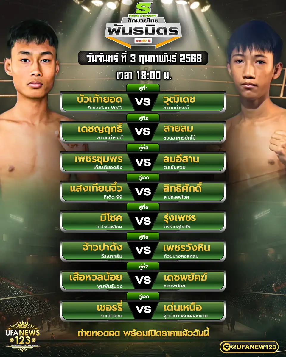 โปรแกรมมวย ศึกมวยไทยพันธมิตร เริ่มเวลา 18.00 น. 03 กุมภาพันธ์ 2568