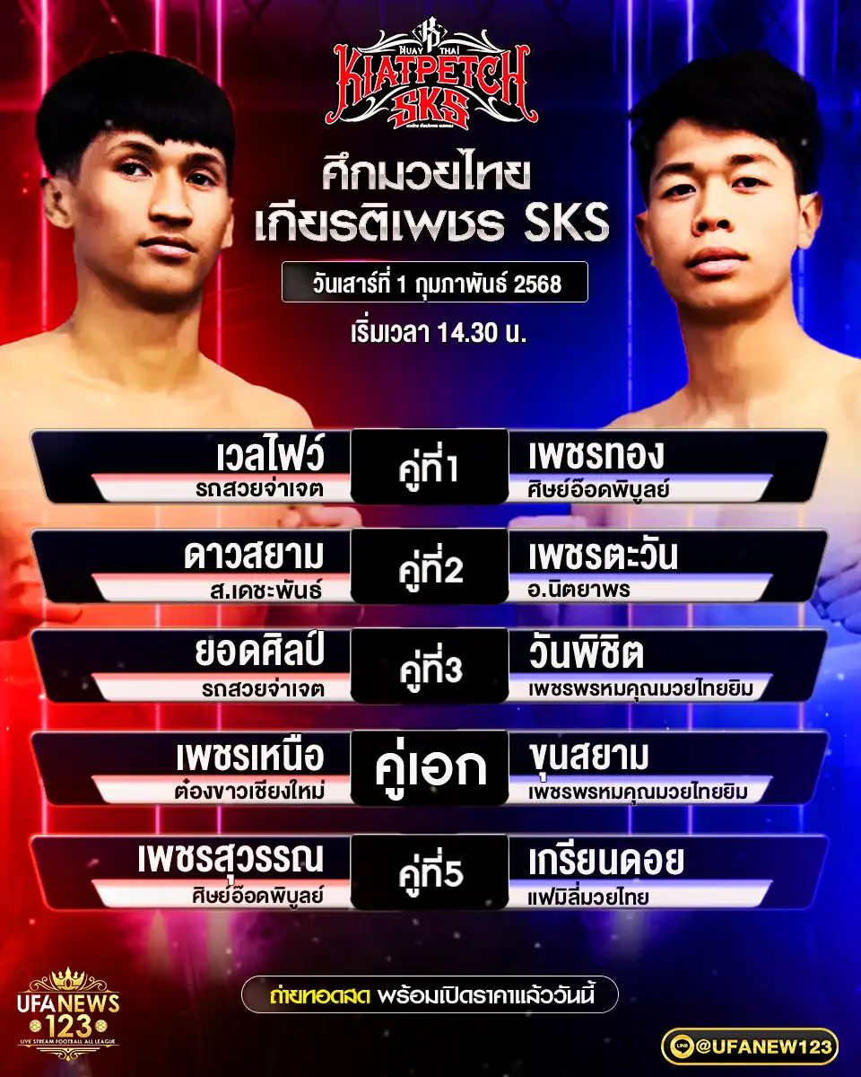 โปรแกรมมวย ศึกมวยไทยเกียรติเพชร SKS 01 กุมภาพันธ์ 2568