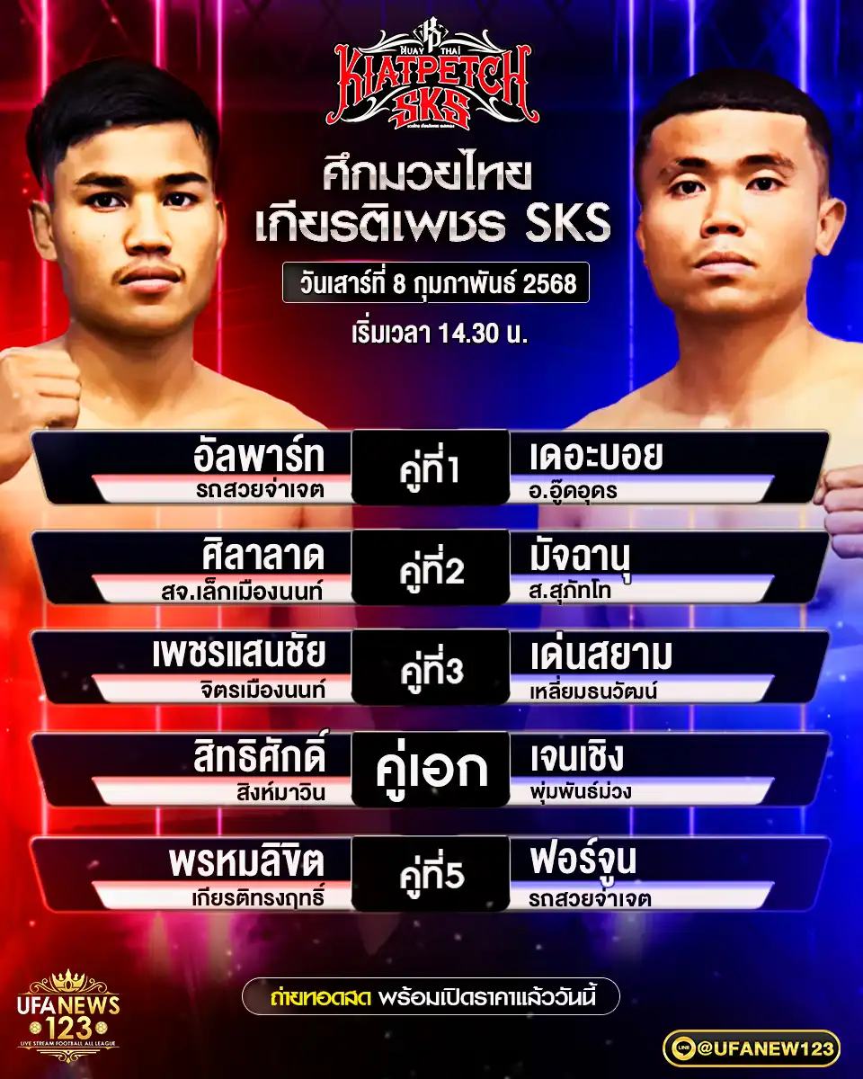 โปรแกรมมวย ศึกมวยไทยเกียรติเพชร SKS เริ่มเวลา 14.30 น. 08 กุมภาพันธ์ 2568