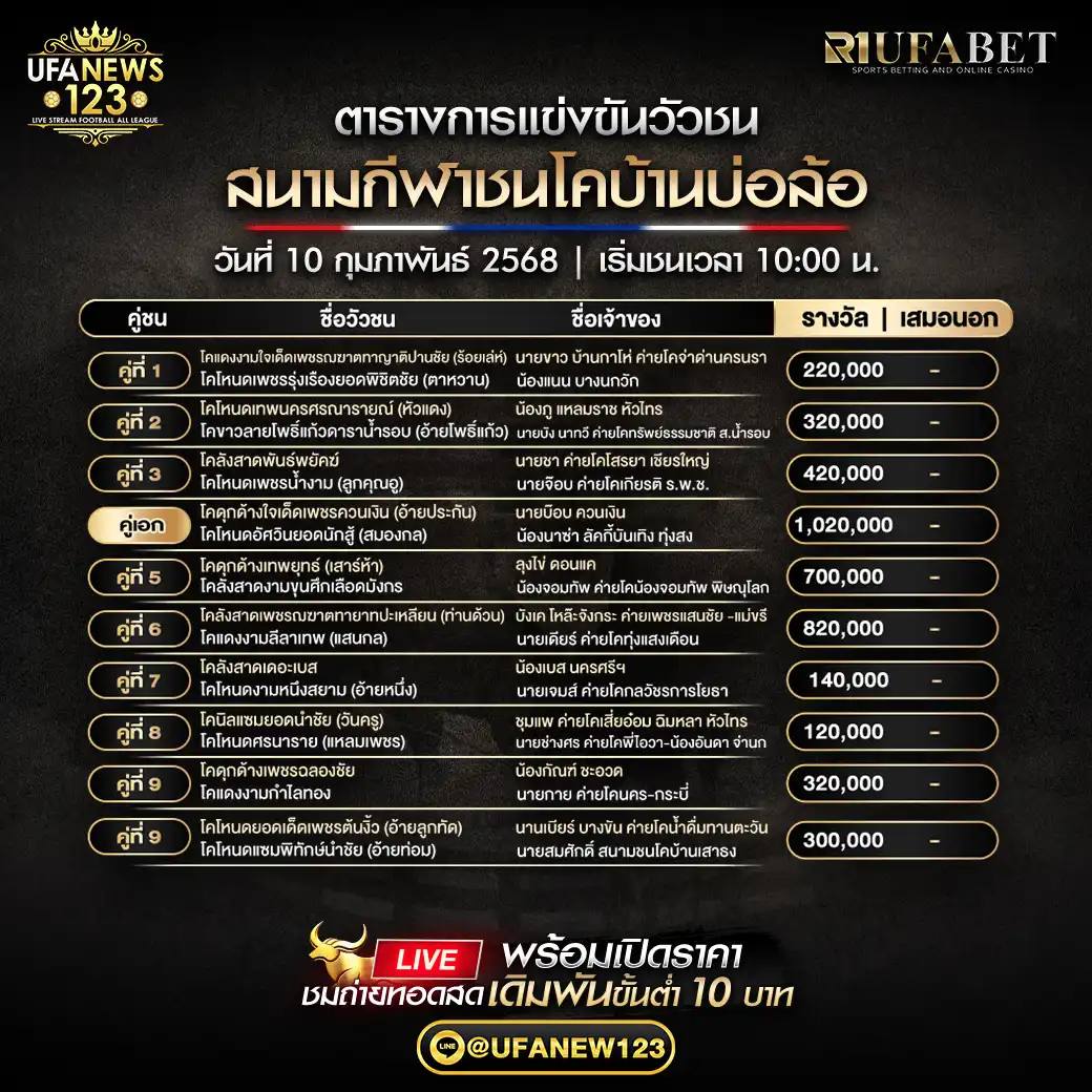 โปรแกรมวัวชน สนามกีฬาชนโคบ้านบ่อล้อ เริ่มชนเวลา 10:00 น. 10 กุมภาพันธ์ 2568