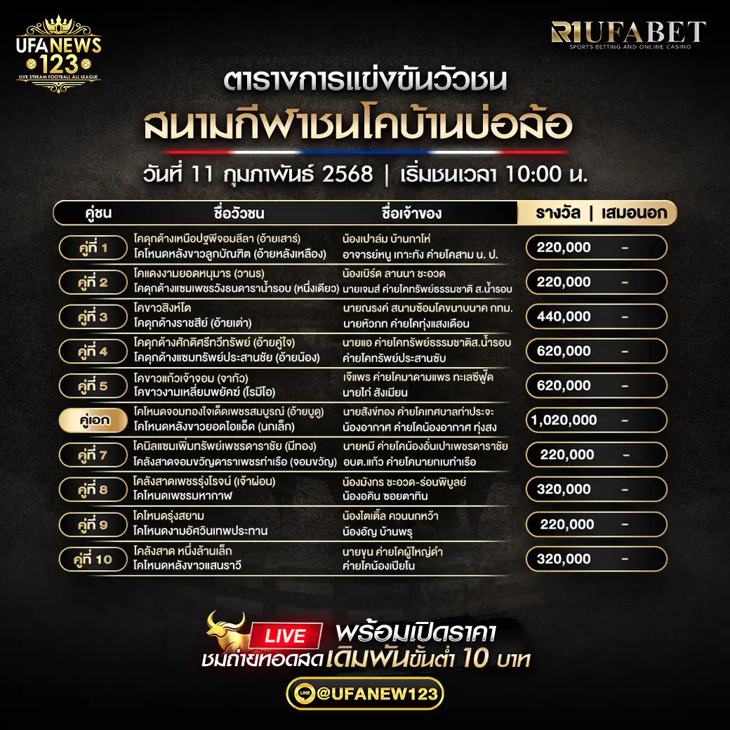 โปรแกรมวัวชน สนามกีฬาชนโคบ้านบ่อล้อ เริ่มชนเวลา 10:00 น. 11 กุมภาพันธ์ 2568