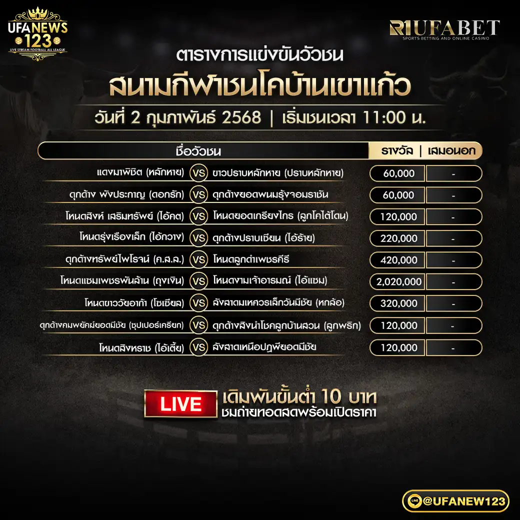 โปรแกรมวัวชน สนามชนโคบ้านเขาแก้ว เริ่มชนเวลา 11.00 น. 02 กุมภาพันธ์ 2568