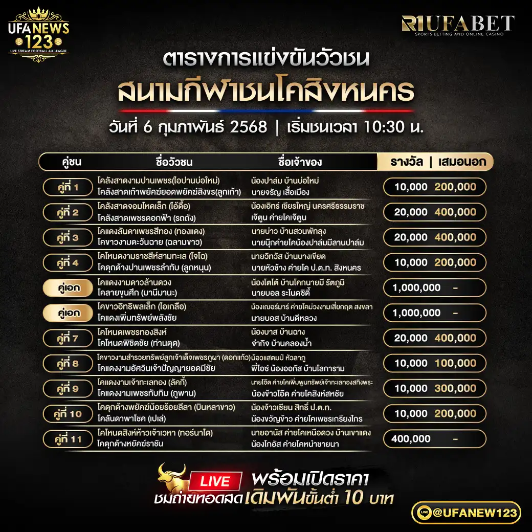 โปรแกรมวัวชน สนามชนโคสิงหนคร 06 กุมภาพันธ์ 2568