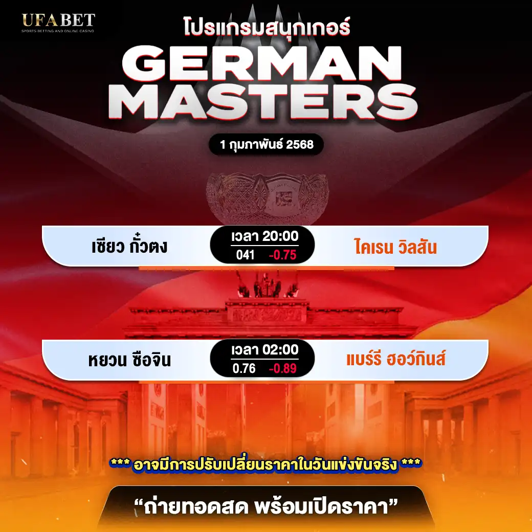 โปรแกรมสนุกเกอร์ GERMAN MASTERS เริ่มเวลา 20.00 น. 01 กุมภาพันธ์ 2568