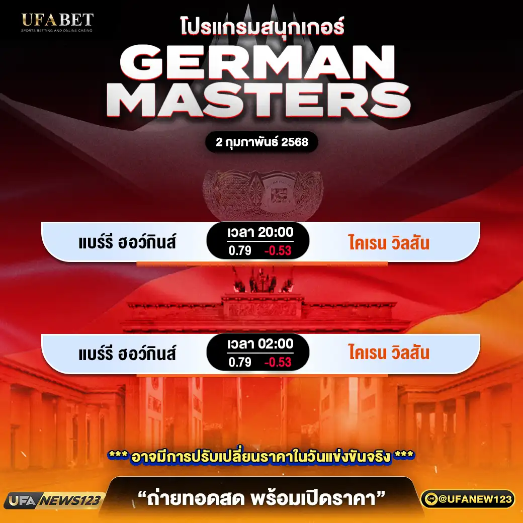 โปรแกรมสนุกเกอร์ GERMAN MASTERS เริ่มเวลา 20.00 น. 02 กุมภาพันธ์ 2568