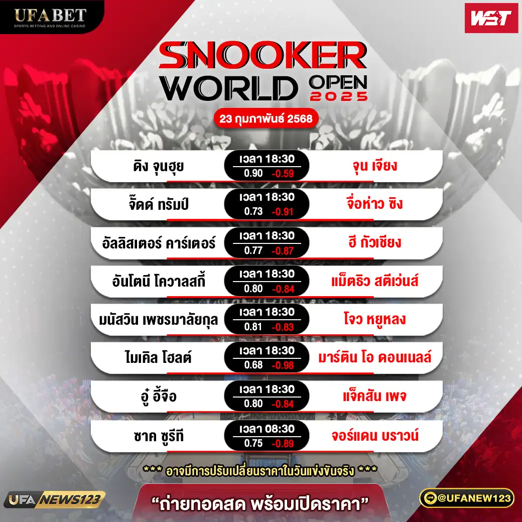 โปรแกรมสนุกเกอร์ SNOOKER WORLD OPEN 2025 เริ่มเวลา 18.00 น. 23 กุมภาพันธ์ 2568