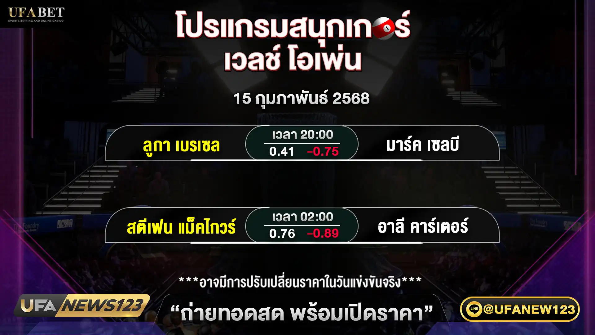 โปรแกรมสนุกเกอร์ เวลช์ โอเพ่น เริ่มเวลา 20:00 น. 15 กุมภาพันธ์ 2568