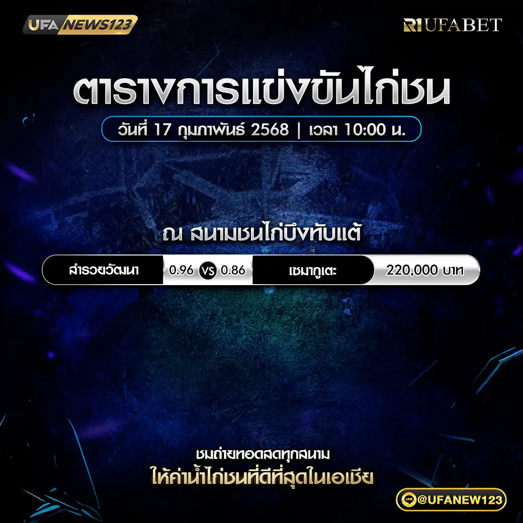 โปรแกรมไก่ชน สนามชนไก่บึงทับแต้ เริ่มเวลา 10:00 น. 17 กุมภาพันธ์ 2568