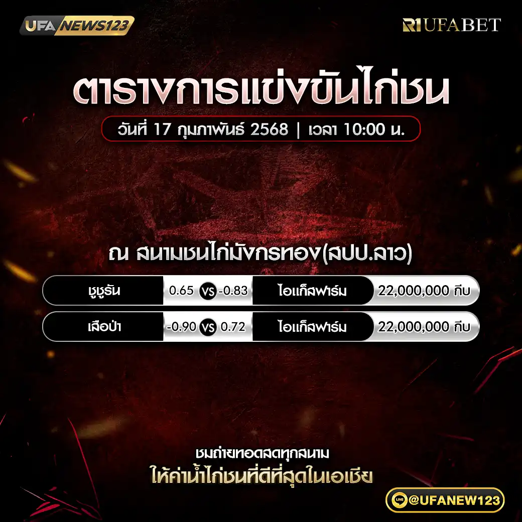 โปรแกรมไก่ชน สนามชนไก่มังกรทอง(สปป.ลาว) เริ่มเวลา 10:00 น. 17 กุมภาพันธ์ 2568