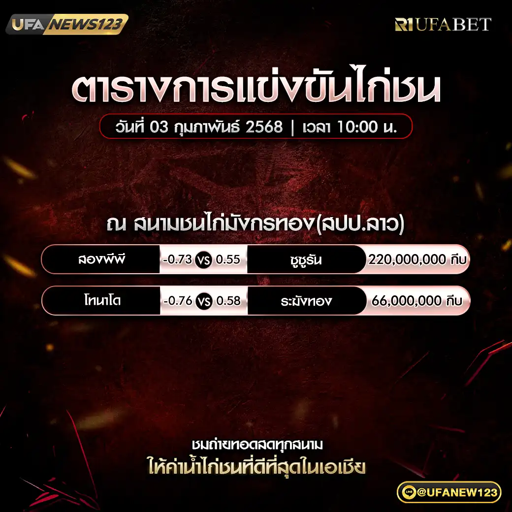 โปรแกรมไก่ชน สนามชนไก่มังกรทอง (สปป.ลาว) เริ่มเวลา 10.00 น. 03 กุมภาพันธ์ 2568