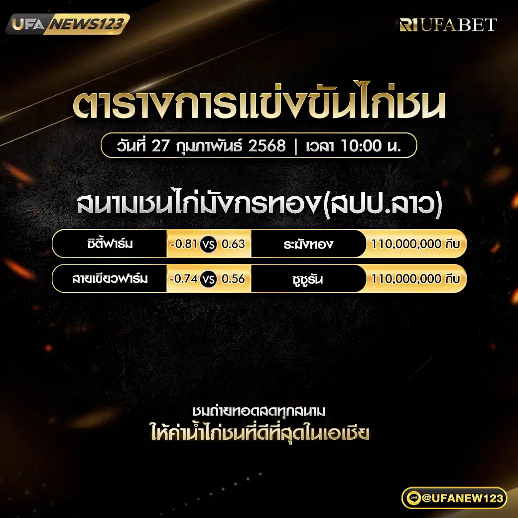 โปรแกรมไก่ชน สนามชนไก่มังกรทอง (สปป.ลาว) เริ่มเวลา 10.00 น. 27 กุมภาพันธ์ 2568