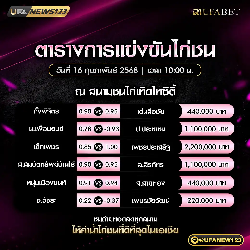 โปรแกรมไก่ชน สนามชนไก่เทิดไทซิตี้ เริ่มเวลา 10:00 น. 16 กุมภาพันธ์ 2568