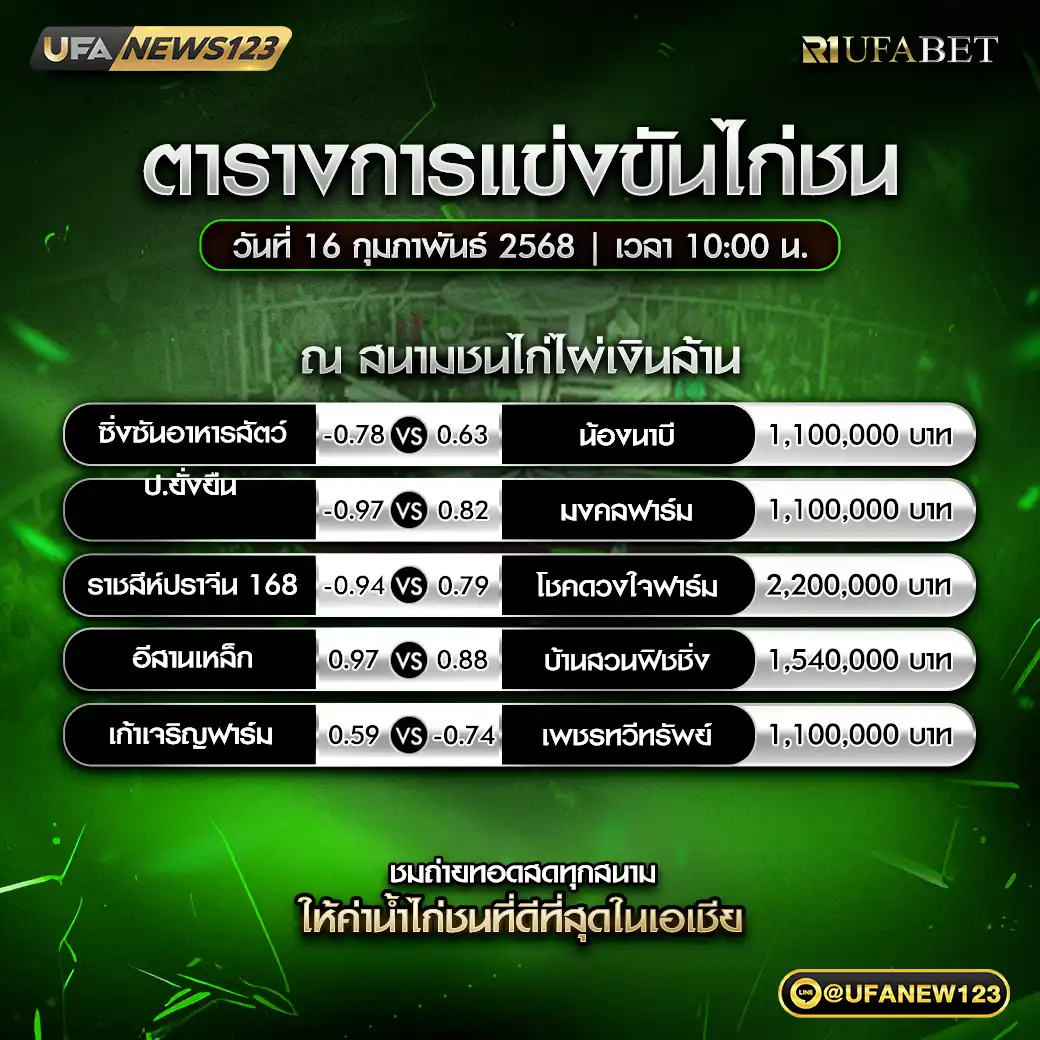 โปรแกรมไก่ชน สนามชนไก่ไผ่เงินล้าน เริ่มเวลา 10:00 น. 16 กุมภาพันธ์ 2568