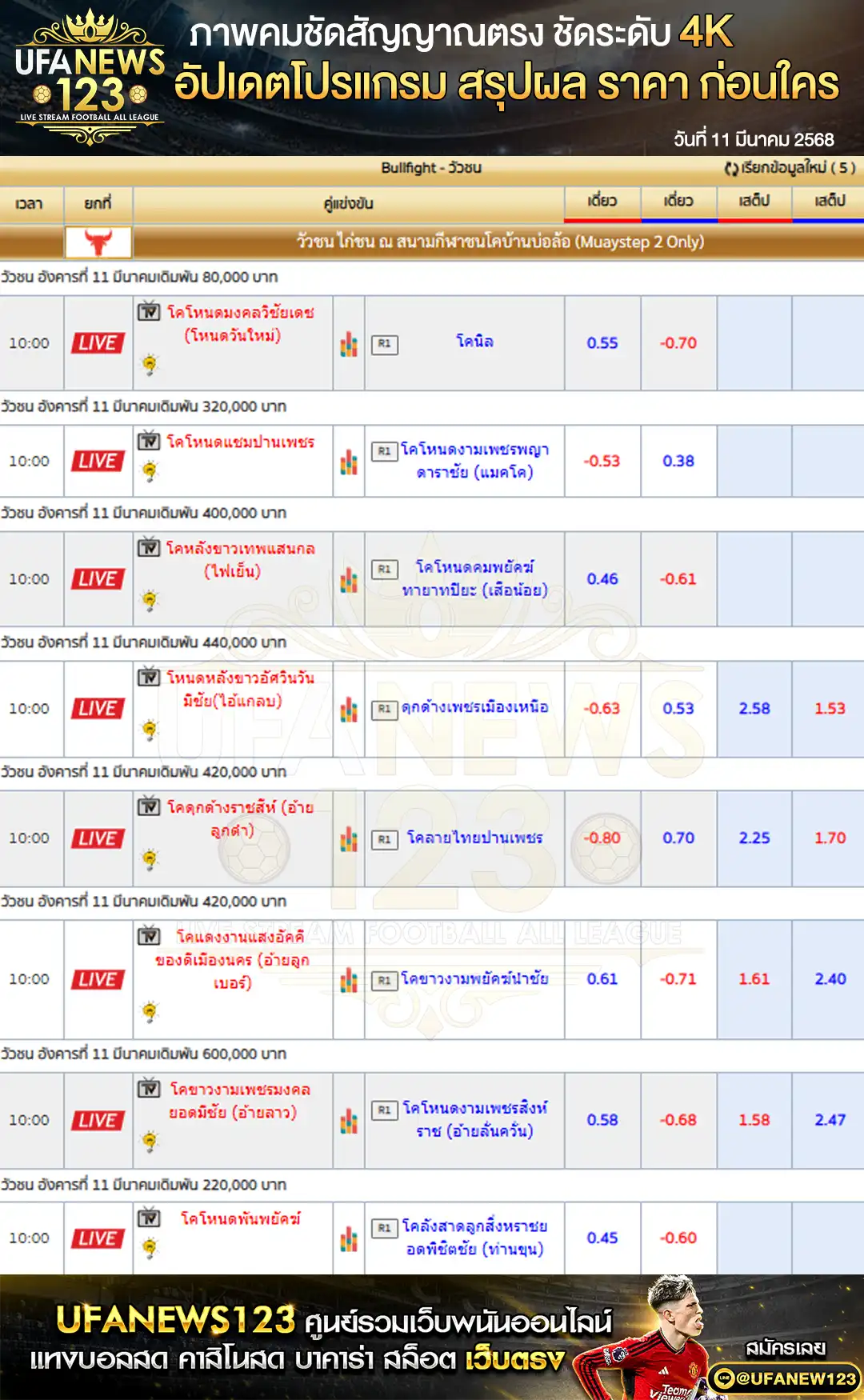 ราคาวัวชน สนามกีฬาชนโคบ้านบ่อล้อ เริ่มเวลา 10:00 น. 11 มีนาคม 2568