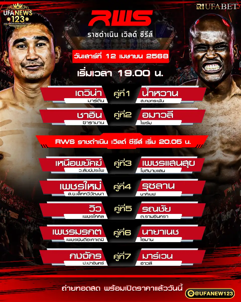 โปรแกรมมวย RWS ราชดำเนิน เวิลด์ ซีรีส์ เริ่มเวลา 19:00 น. 12 เมษายน 2568