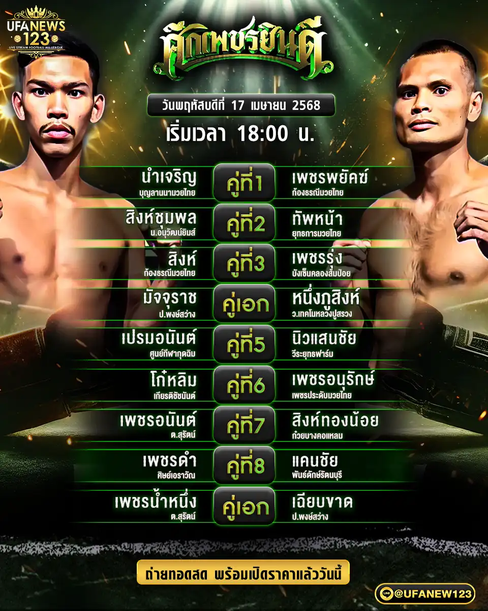 โปรแกรมมวย ศึกเพชรยินดี เริ่มเวลา 18.00 น. 17 เมษายน 2568