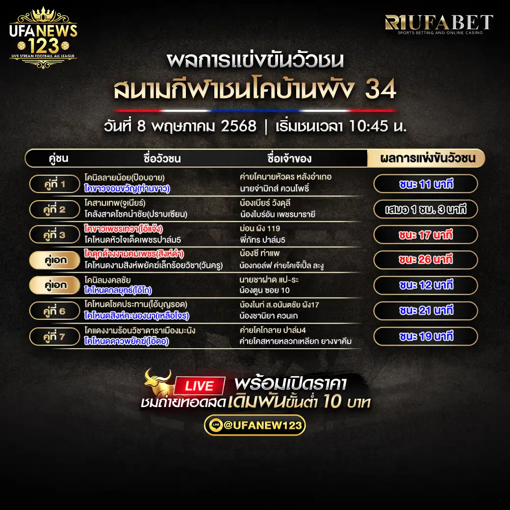 สรุปผลวัวชน สนามกีฬาชนโคบ้านผัง 34 อุใดเจนริญ 08 พฤษภาคม 2568