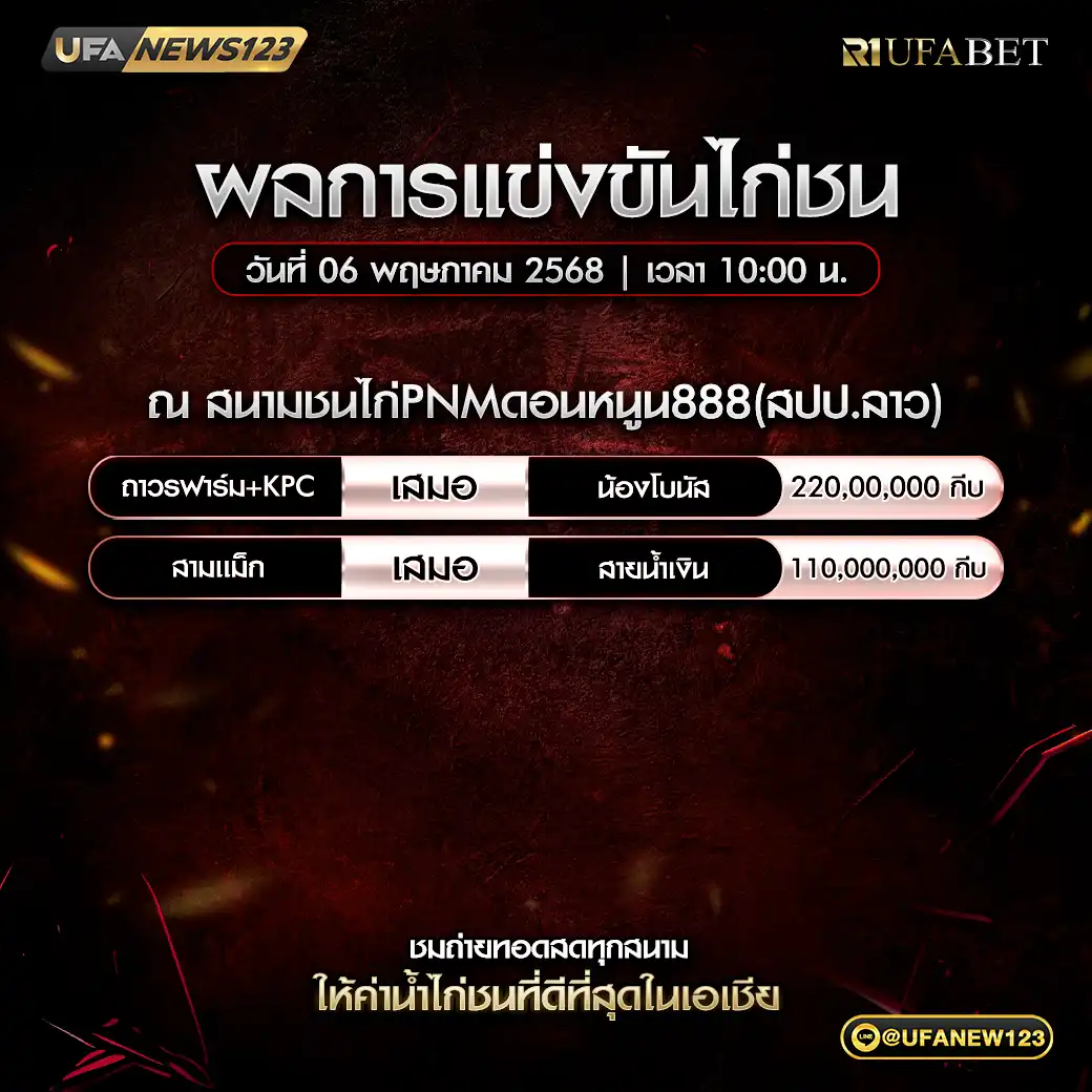 สรุปผลไก่ชน สนามชนไก่PNMดอนหนูน888 06 พฤษภาคม 2568