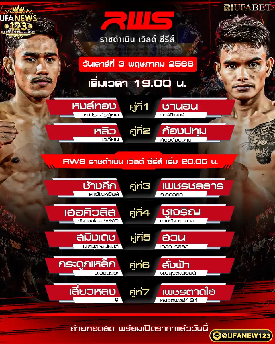 โปรแกรมมวย RWS ราชดำเนิน เวิลด์ ซีรีส์ เริ่มเวลา 19:00 น. 03 พฤษภาคม 2568