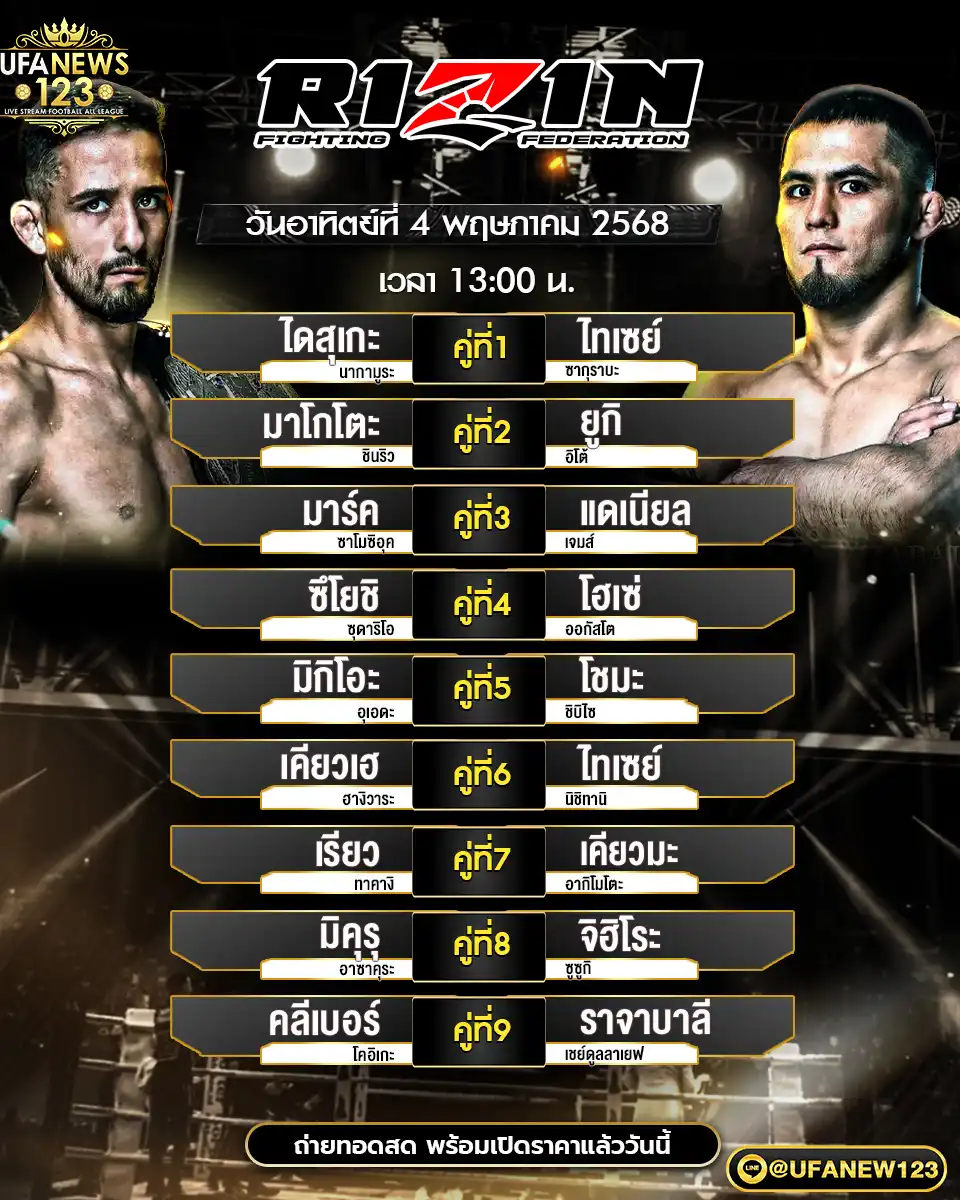 โปรแกรมมวย Rizin Fighting เริ่มเวลา 13:00 น. 04 พฤษภาคม 2568