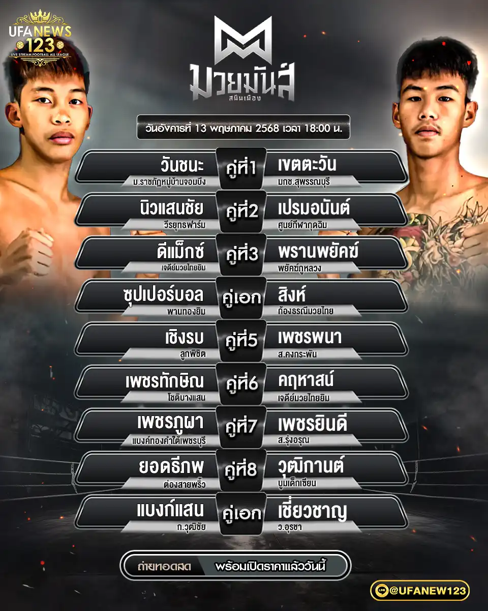 โปรแกรมมวย มวยมันส์สนั่นเมือง เริ่มเวลา 18:00 น. 13 พฤษภาคม 2568