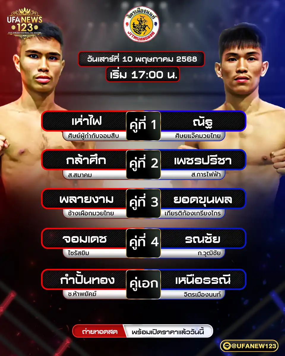 โปรแกรมมวย ศึกจิตรเมืองนนท์ เริ่มเวลา 17:00 น. 10 พฤษภาคม 2568