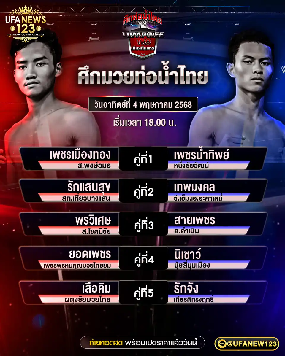 โปรแกรมมวย ศึกท่อน้ำไทยเกียรติเพชร เริ่มเวลา 17:00 น. 04 พฤษภาคม 2568