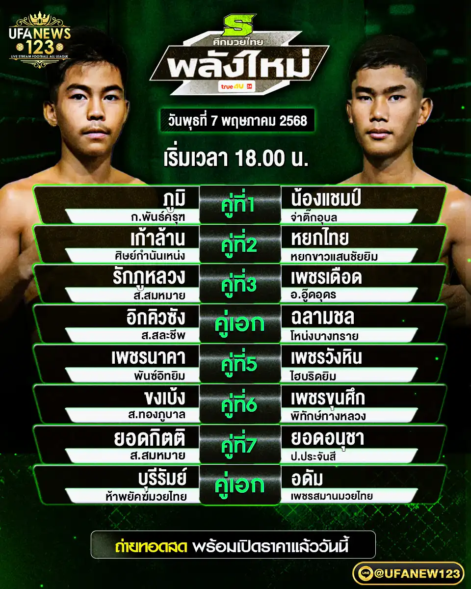 โปรแกรมมวย ศึกมวยไทยพลังใหม่ เริ่มเวลา 18:00 น. 07 พฤษภาคม 2568
