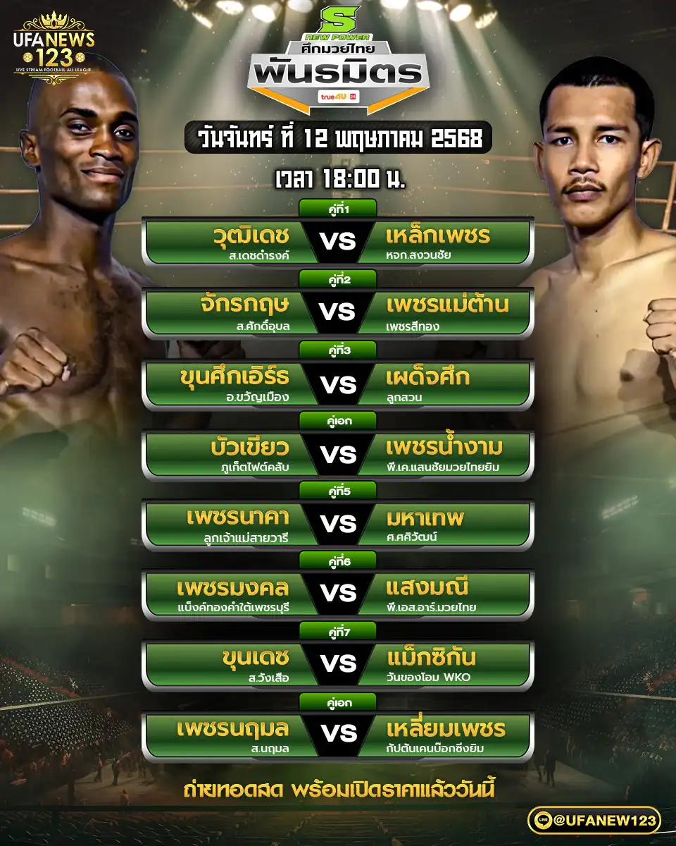 โปรแกรมมวย ศึกมวยไทยพัธมิตร เริ่มเวลา 18:00 น. 12 พฤษภาคม 2568