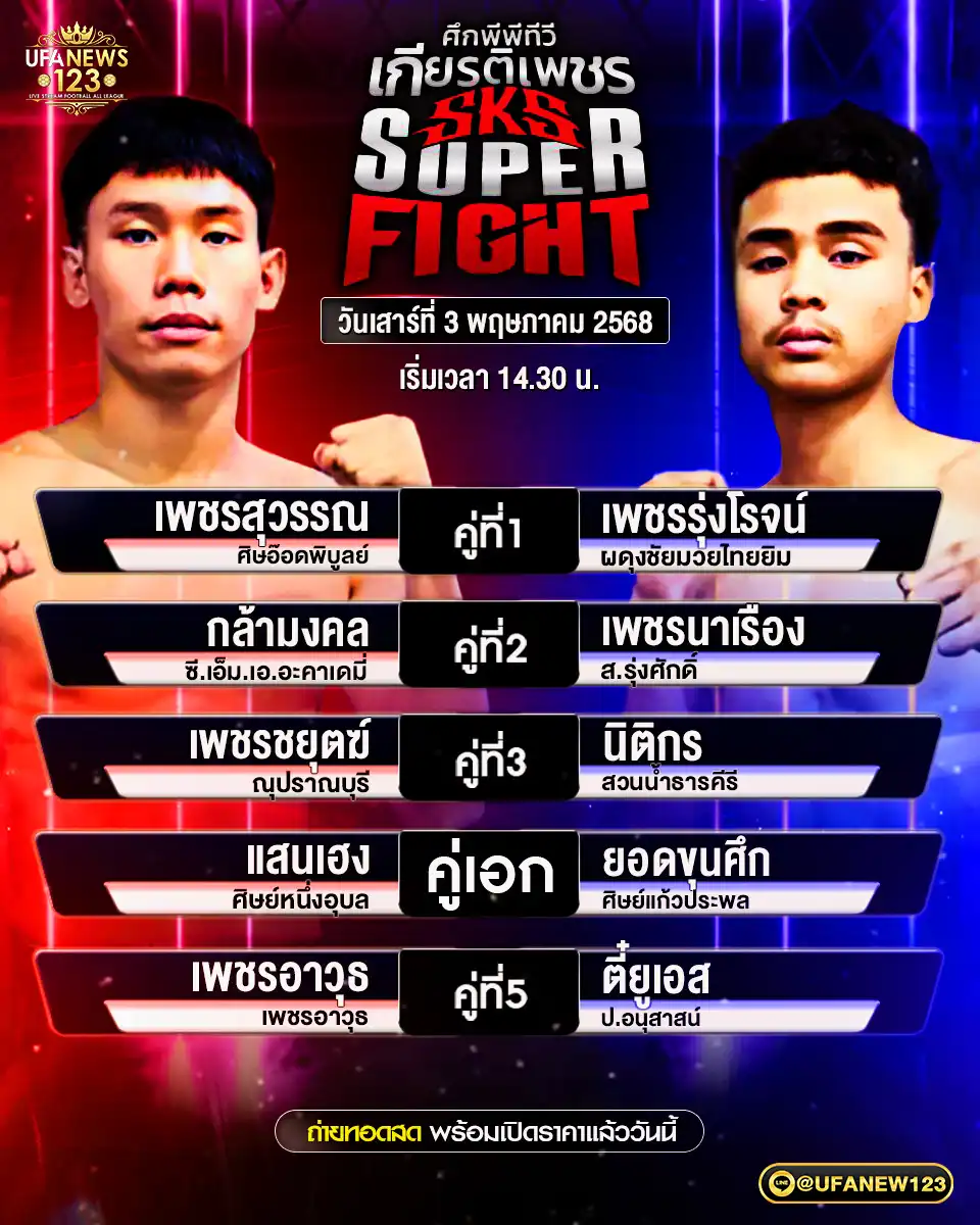 โปรแกรมมวย ศึกมวยไทยเกียรติเพชร SKS เริ่มเวลา 14:30 น. 03 พฤษภาคม 2568