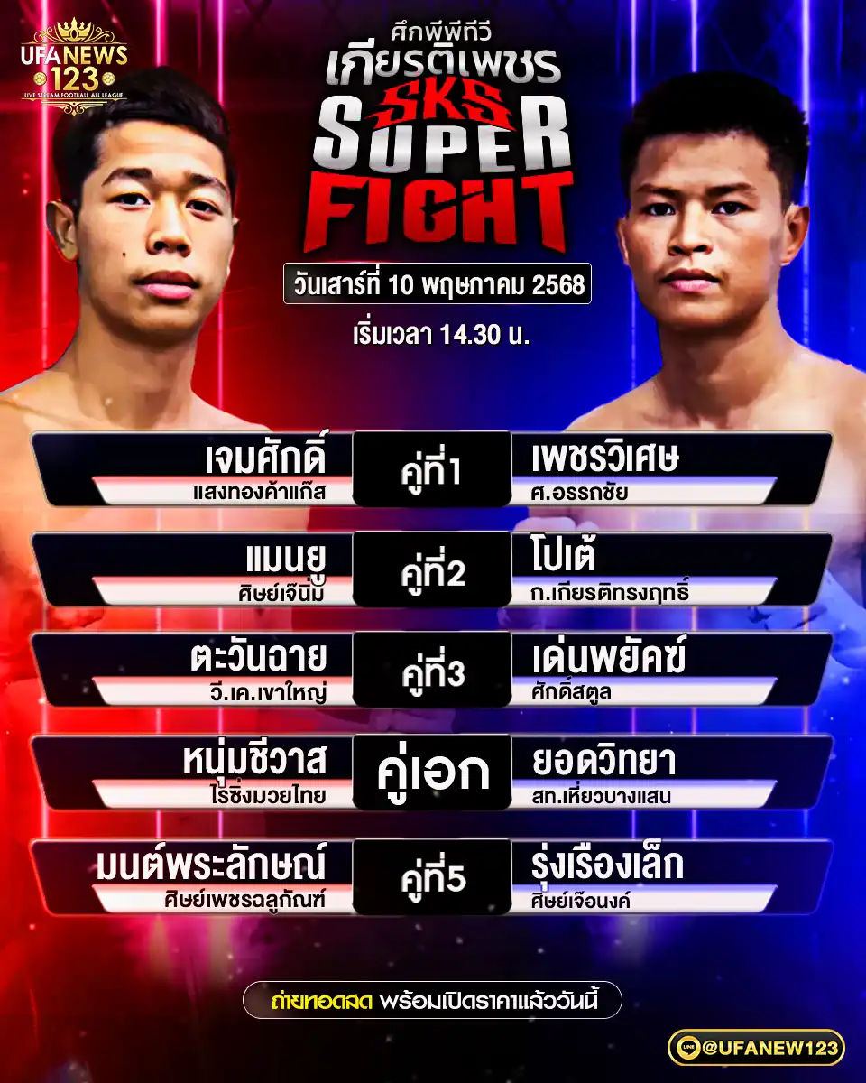 โปรแกรมมวย ศึกมวยไทยเกียรติเพชร เริ่มเวลา 14:30 น.  10 พฤษภาคม 2568