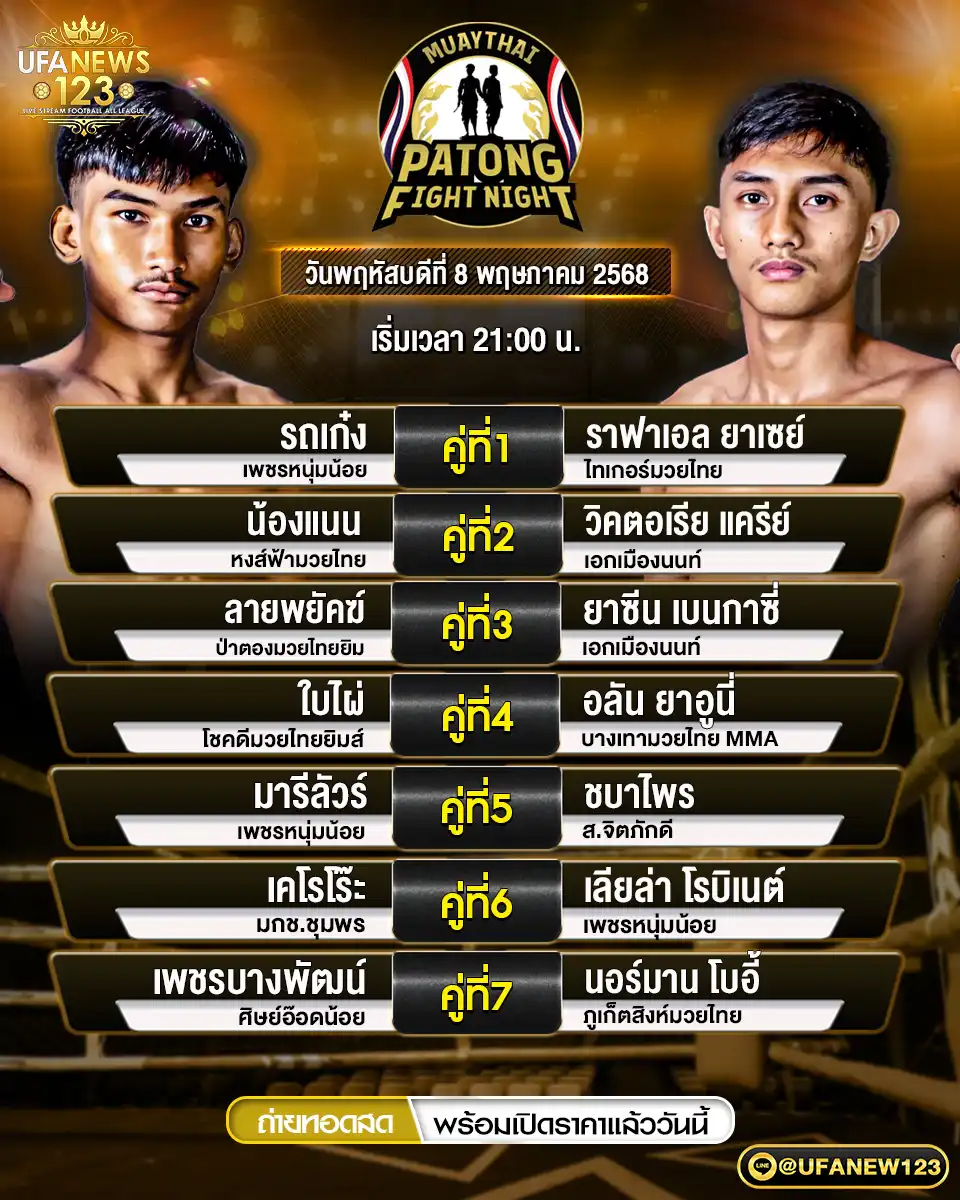 โปรแกรมมวย ศึกสิงห์ป่าตอง เริ่มเวลา 21:00 น. 08 พฤษภาคม 2568