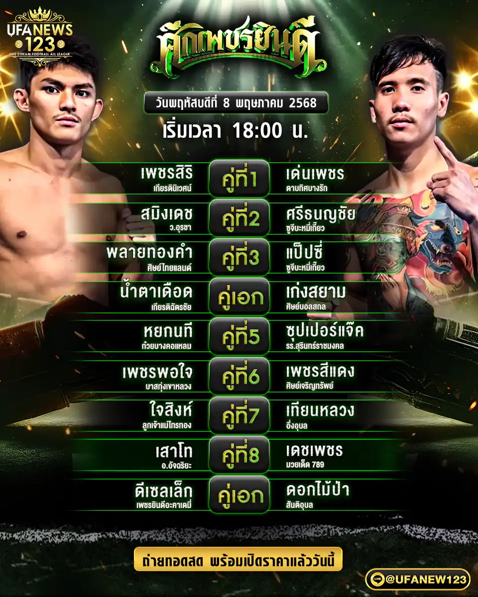 โปรแกรมมวย ศึกเพชรยินดี เริ่มเวลา 18:00 น. 08 พฤษภาคม 2568