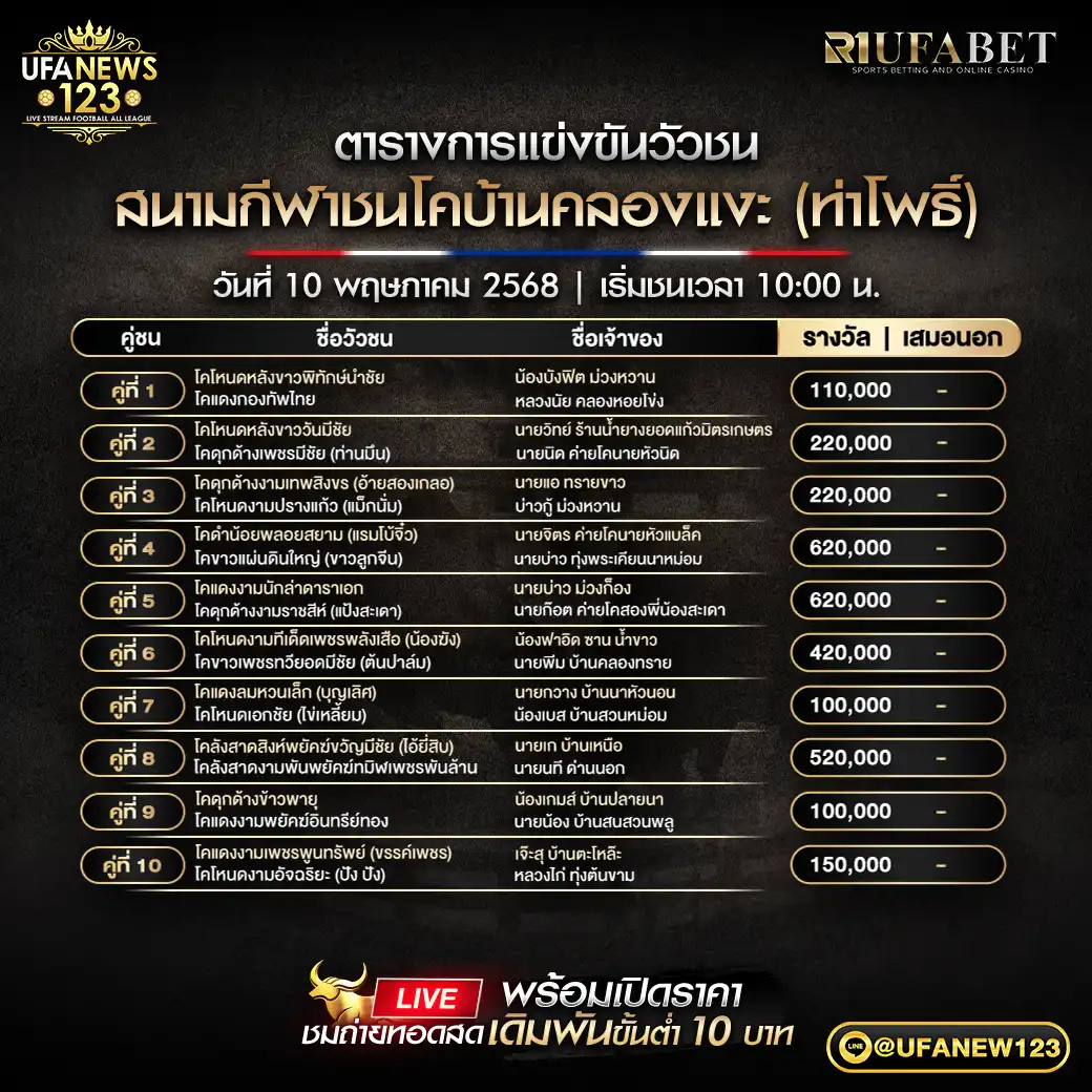 โปรแกรมวัวชน สนามกีฬาชนโคบ้านคลองแงะ (ท่าโพธิ์) เริ่มเวลา 10:00 น. 10 พฤษภาคม 2568